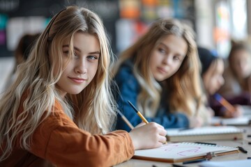 Wall Mural - A girl with long blonde hair is sitting at a desk with a notebook and a pencil