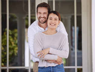 Poster - Porch, home and hug with couple, portrait and smile with happiness, bonding together and relationship. Face, outdoor or embrace with man, woman or cheerful with marriage, affection or trust with care