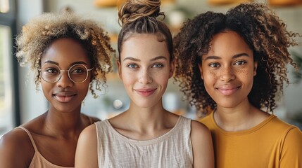 Three happy women with different hair types smiling in casual wear, conveying friendship and diversity
