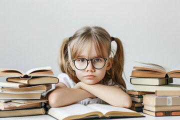 Wall Mural - A young girl wearing glasses is sitting on a table with many books