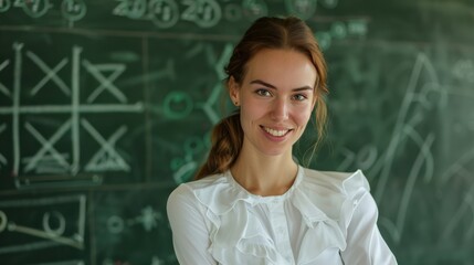 Wall Mural - A woman is smiling and standing in front of a chalkboard with equations on it