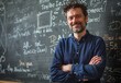 © hakule - A man is smiling in front of a blackboard with mathematical equations on it