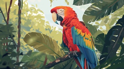 A colorful macaw perched on a branch in a jungle.