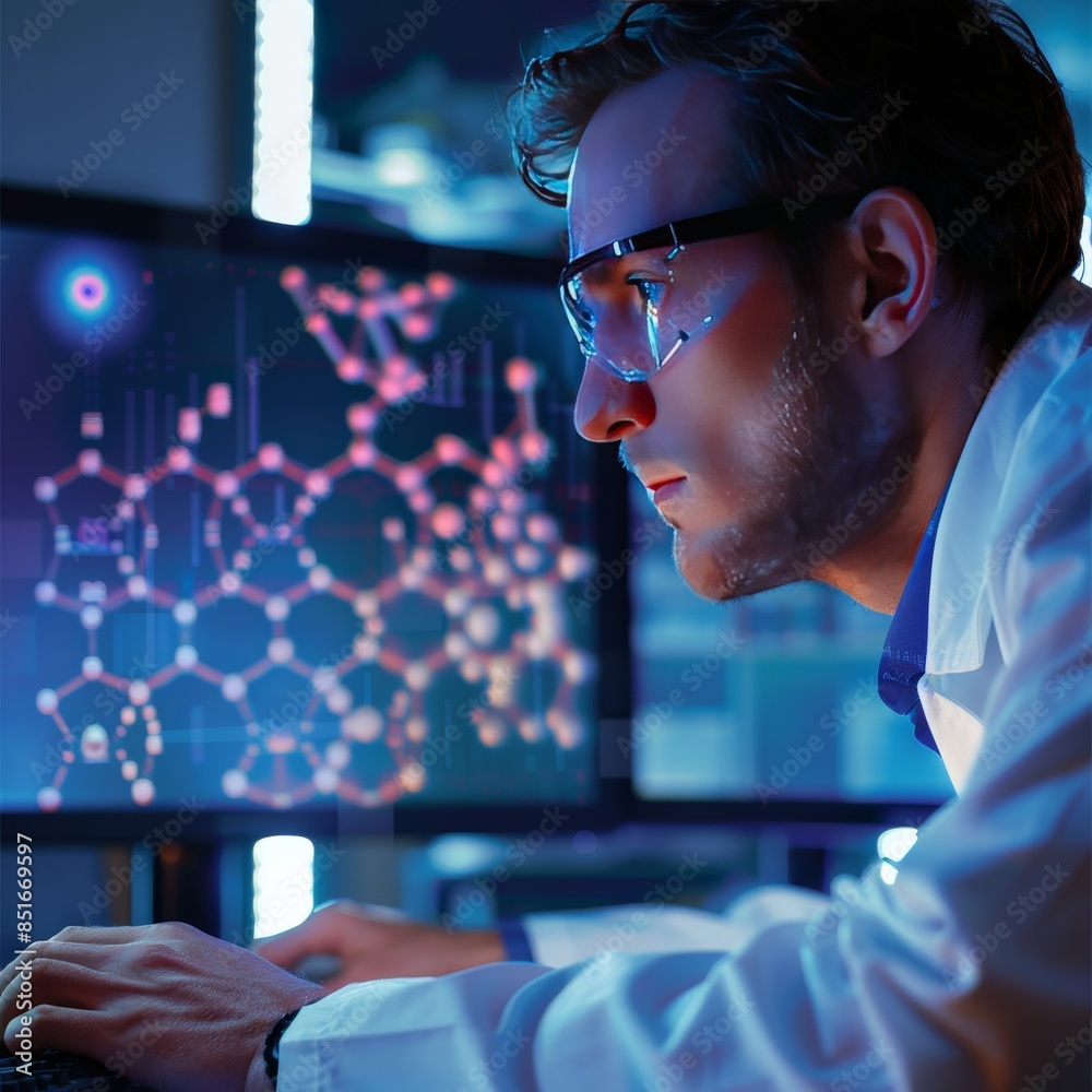 Scientist analyzing molecular structures on computer screens in a ...
