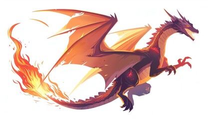 Wall Mural - A magnificent fire-breathing dragon with outstretched wings. The dragon's body is covered in red and yellow scales.