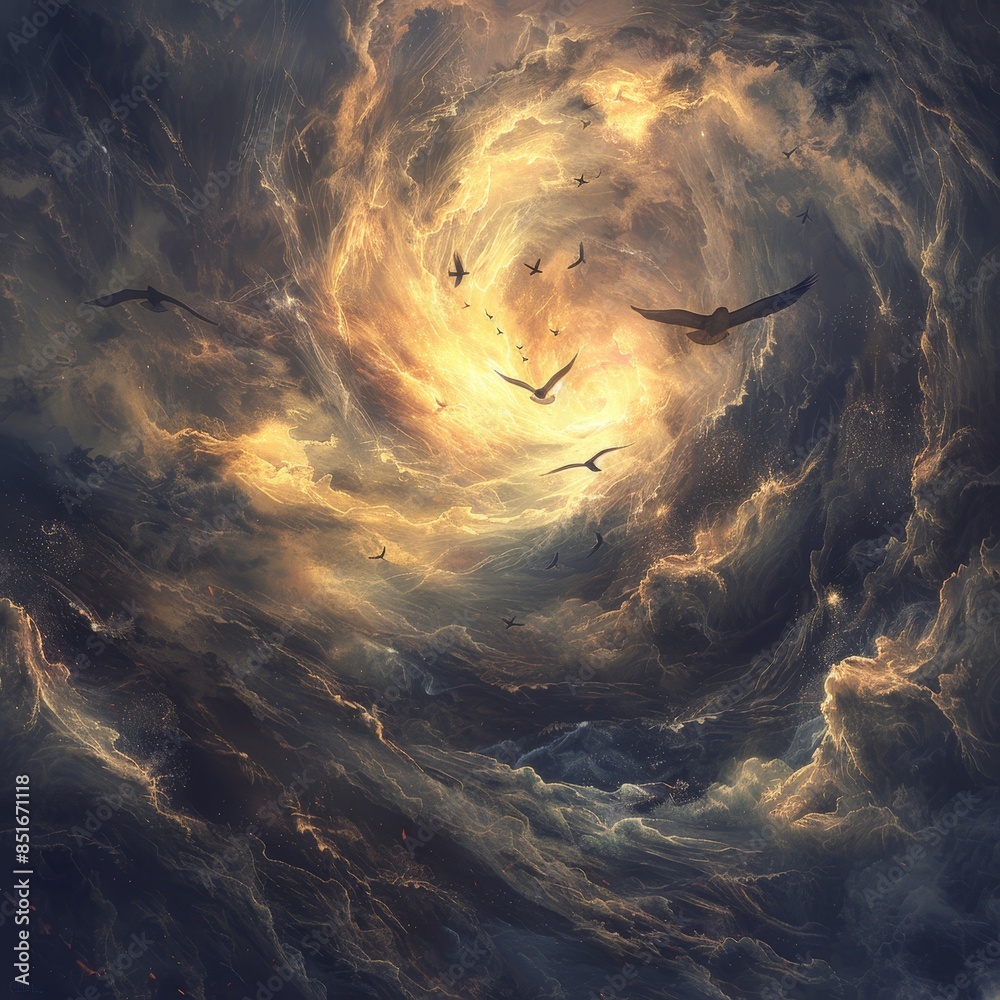 Artistic digital art of a swirling vortex of clouds in the sky with ...