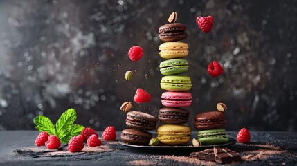 Close up shot of colorful macarons stacked in a column, settled against dark background, levitating berries and mint leaves