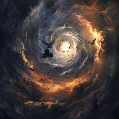 Abstract illustration of a swirling vortex of clouds in a sky with a golden light shining through the center