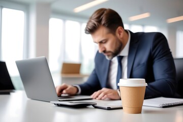 Businessman working on laptop computer in the office, coffee on a first plan. Professional man in a suit at desk, focusing on technology and corporate success.