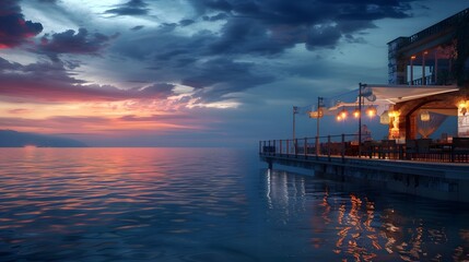 Wall Mural - Gorgeous view of the ocean. Overwater house over water with illuminated balcony. At dawn. Resort, banner background with copy space.