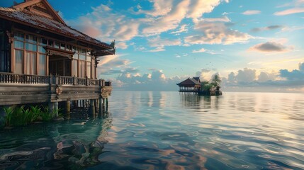 Wall Mural - Gorgeous view of the ocean. A beautiful overwater house. At dawn. Resort, banner background with copy space.