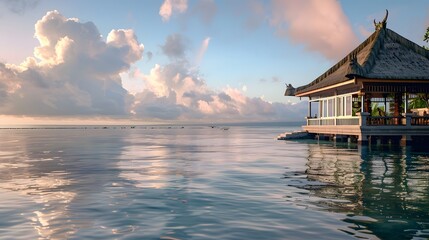 Wall Mural - Gorgeous view of the ocean. A beautiful overwater house. On the Sunset. Resort, banner background with copy space.