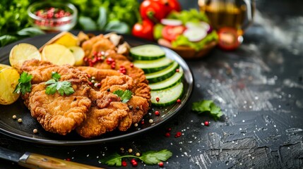 Wall Mural - Crispy breaded chicken cutlets with fresh vegetables on dark table