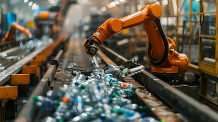Wall Mural - A robot arm is picking up plastic bottles in an industrial factory. with other machines and robots that work in different recycling stages