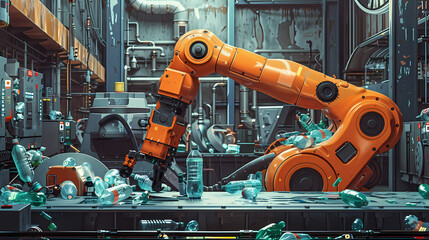 Poster - A robot arm is picking up plastic bottles in an industrial factory. with other machines and robots that work in different recycling stages