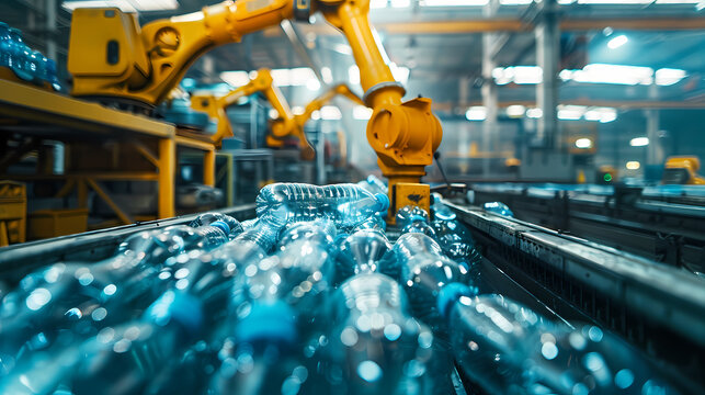 A robot arm is picking up plastic bottles in an industrial factory. with other machines and robots that work in different recycling stages