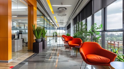 Wall Mural - Modern office corridor with large windows and indoor plants, featuring bright orange chairs and polished floors overlooking a cityscape