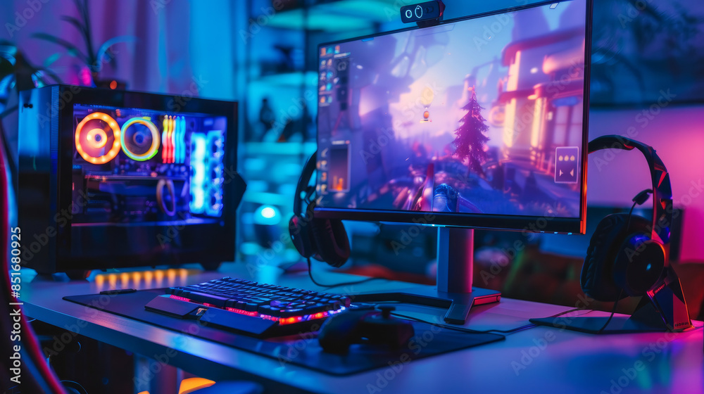An empty gaming setup with a computer screen showing a fantasy video ...