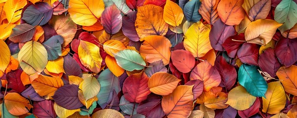 A vibrant assortment of colorful autumn leaves in various shades of orange, yellow, red, and purple, displaying nature's beauty.