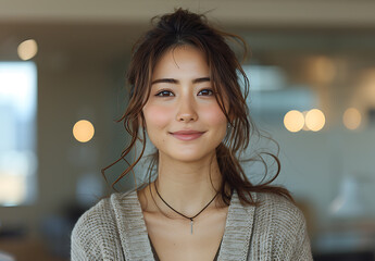 photo of attractive Japanese woman her early mid twenty smiling standing upright against white background She wearing business casual attire long sleeve cardigan sweater over top of her shirt Her hair