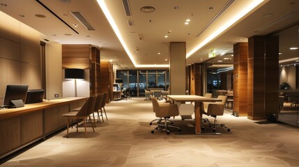 Modern office space interior with stylish furniture, workstations, and a warm ambient lighting design, featuring wood panel accents and large windows with city views at night