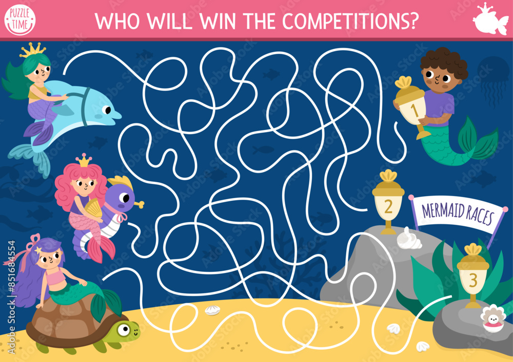 Mermaid races maze for kids with sea princesses riding animals. Marine ...