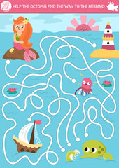 Wall Mural - Mermaid maze for kids with lagoon landscape. Marine preschool printable activity. Fairytale ocean kingdom labyrinth game, puzzle. Worksheet with octopus searching his way to sea princess.