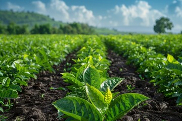 Wall Mural - Lush green rows of crops set against a backdrop of rolling hills and blue skies, capturing the essence of thriving agriculture and natural beauty