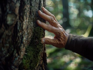 Medium shot of Photo of a A close-up shot of a hand touching moss-covered tree bark, symbolizing connection with nature in an eco-friendly setting. 