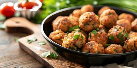 Wall Mural - Golden-browned eggplant balls seasoned with herbs and Parmesan, Polpette di Melanzane - Photo. Concept Italian Cuisine, Eggplant Recipes, Appetizer Ideas, Vegetarian Cooking, Mediterranean Flavors