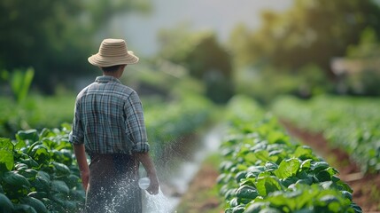 Poster - Farmer Using Advanced Water Conservation Irrigation Systems on Green Field