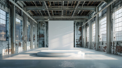 Modern White Round Podium in Industrial Warehouse with Exposed Beams and Pipes
