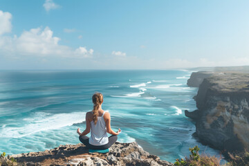 Wall Mural - A serene image of a woman practicing yoga on a cliff overlooking the ocean, with waves crashing below and a clear blue sky above