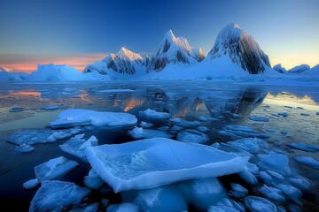 A photo of an Arctic ice sheet that is melting, with floating blocks of ice in front of polar mountains and a blue sky at sunset. This illustrates the concept of climate change and global warming.