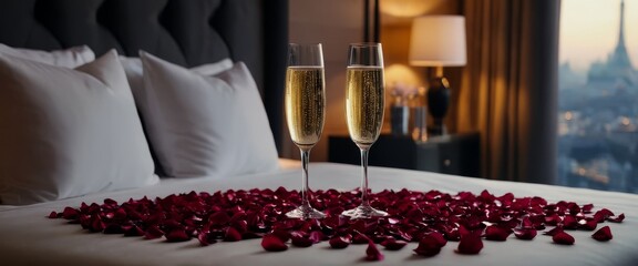 Luxury hotel suite bedroom scattered rose petals cityscape