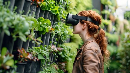 Poster - Futuristic Urban Vertical Farm with VR Headset User Exploring Advanced Agricultural Technologies