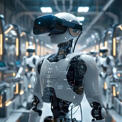 Poster - Advanced Robotics Lab with VR Headset User Surrounded by Futuristic and Machinery