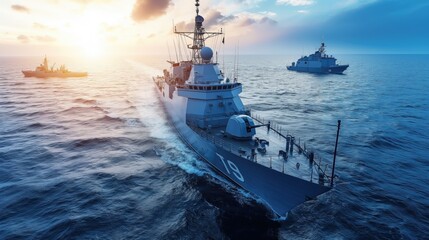 Wall Mural - Modern Naval Warships at Sea During Sunset with Dramatic Clouds and Blue Ocean Waves.