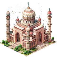 3D Pixel art of a Mosques, isometric style, Attractive colors, isolated on white background, centered in frame