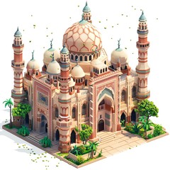 3D Pixel art of a Mosques, isometric style, Attractive colors, isolated on white background, centered in frame