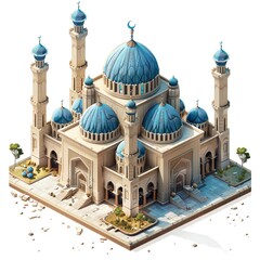 3D Pixel art of a Mosques, isometric style, Attractive colors, isolated on white background, centered in frame