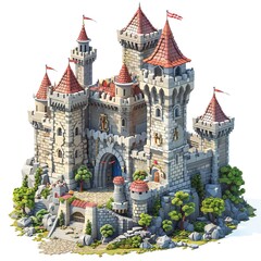 3D Pixel art of a Castles, isometric style, Attractive colors, isolated on white background, centered in frame