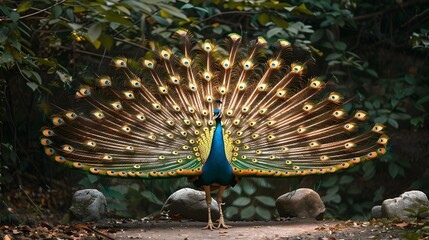 Sticker - Proud Peacock with Magnificent Tail Feathers in Full Fan Display Wildlife Portrait Concept with Copy Space