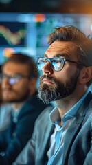 Poster - Serious Business Team Analyzing Market Trends on Multiple Screens in Office