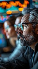 Poster - Focused Businessman Analyzes Business Trends on Multiple Digital Screens