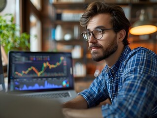 Poster - Financial advisor using graphs and charts to explain investment returns to a couple for financial planning concept with copy space