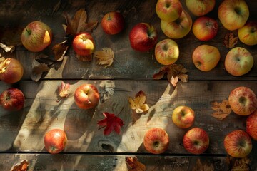 Wall Mural - Autumn Harvest: Freshly Picked Apples on Rustic Table