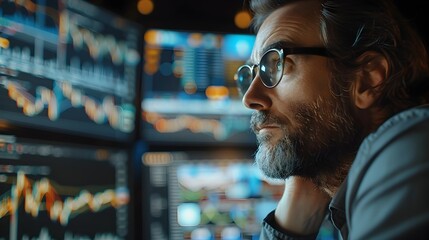 Poster - Serious Financial Analyst Studying Global Market Trends on Multiple Screens