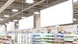 © The Little Hut - Blank advertising billboard hanging in the supermarket Blank White Supermarket Banners Hanging From Ceiling Hangers Mockup Ready For Branding Or Advertising clipping path : Generative AI