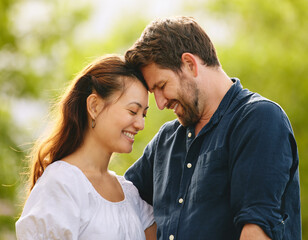 Poster - Couple, forehead touch and date in garden, connection and romance in relationship or affection. People, security and smile for commitment to marriage in outdoor nature, support and weekend in park